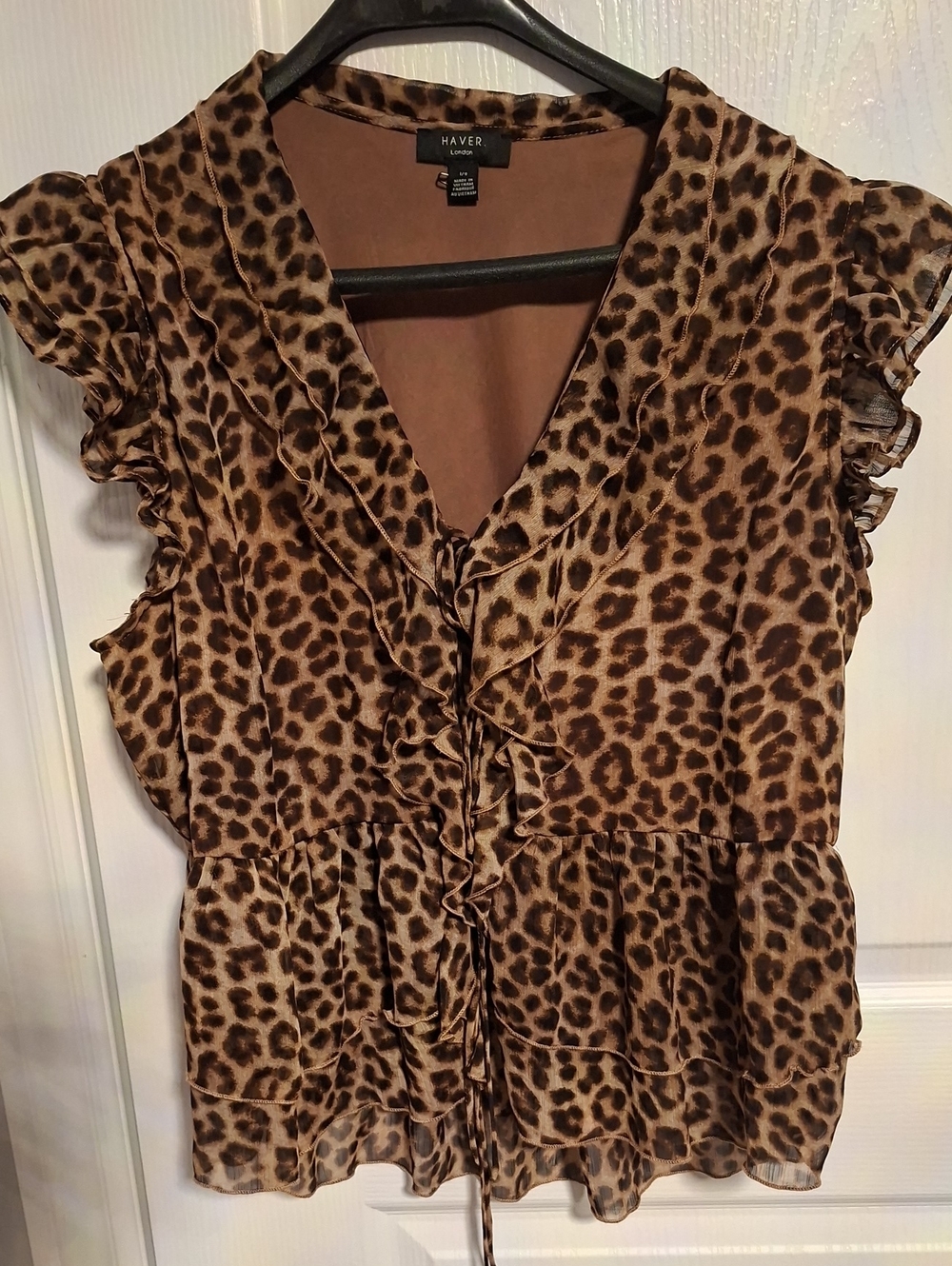 Haver Leopard Print Ruffle V-Neck Blouse Tie Front Blouse